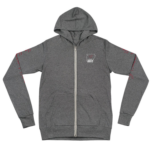 Grey hoodie with red and grey chest design that reads "Arkansas, Y'all" and sleeves that read "Hog Heaven and Home"